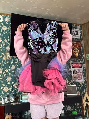 Weissman Black Sequin Dance Costume with Pink & Purple Tulle